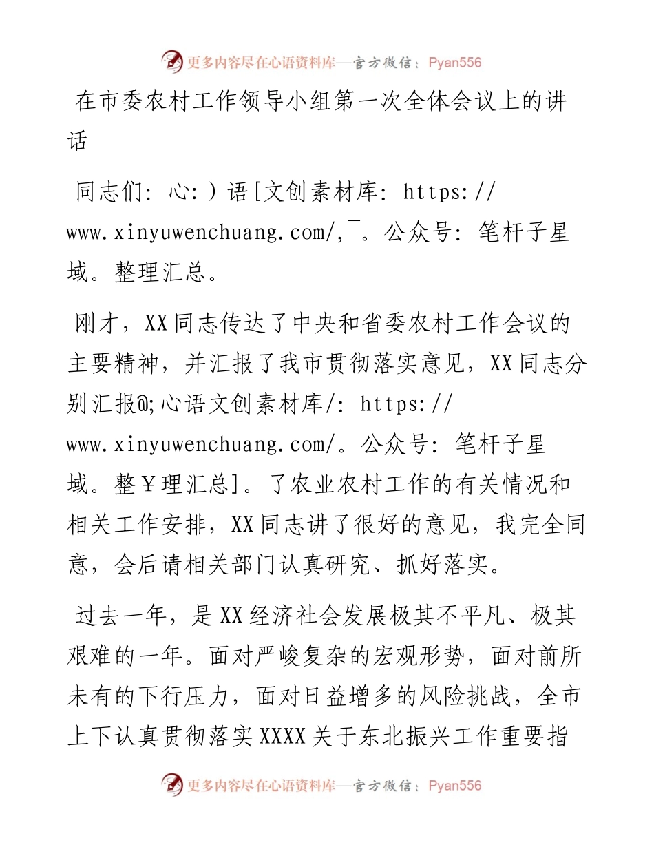 030260：在市委农村工作领导小组第一次全体会议上的讲话.docx_第1页