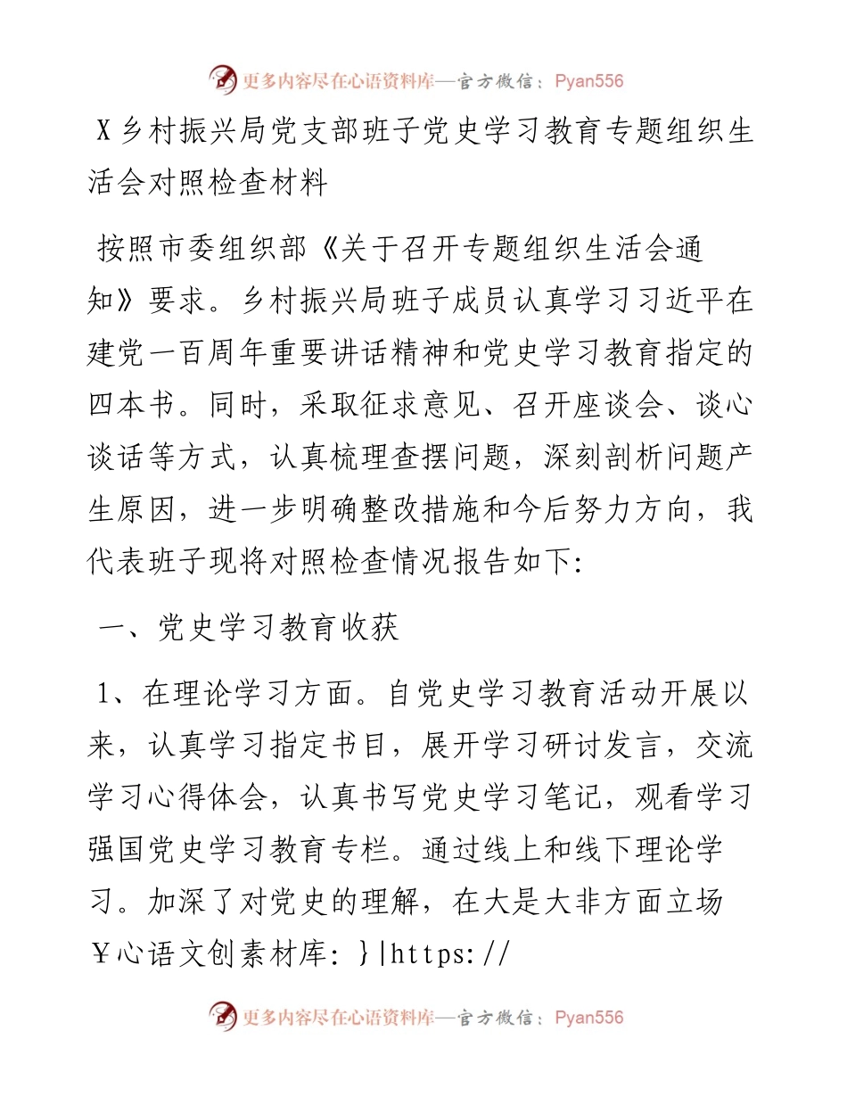 0731X乡村振兴局党支部班子党史学习教育专题组织生活会对照检查材料.docx_第1页