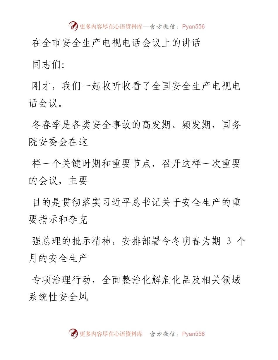 0122笔友分享在全市安全生产电视电话会议上的讲话.docx_第1页