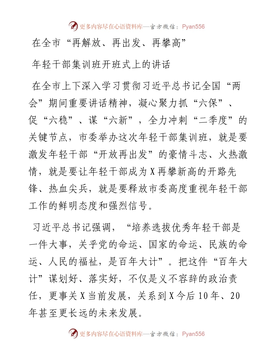 0614笔友分享在全市再解放再出发再攀高年轻干部集训班开班式上的讲话.docx_第1页