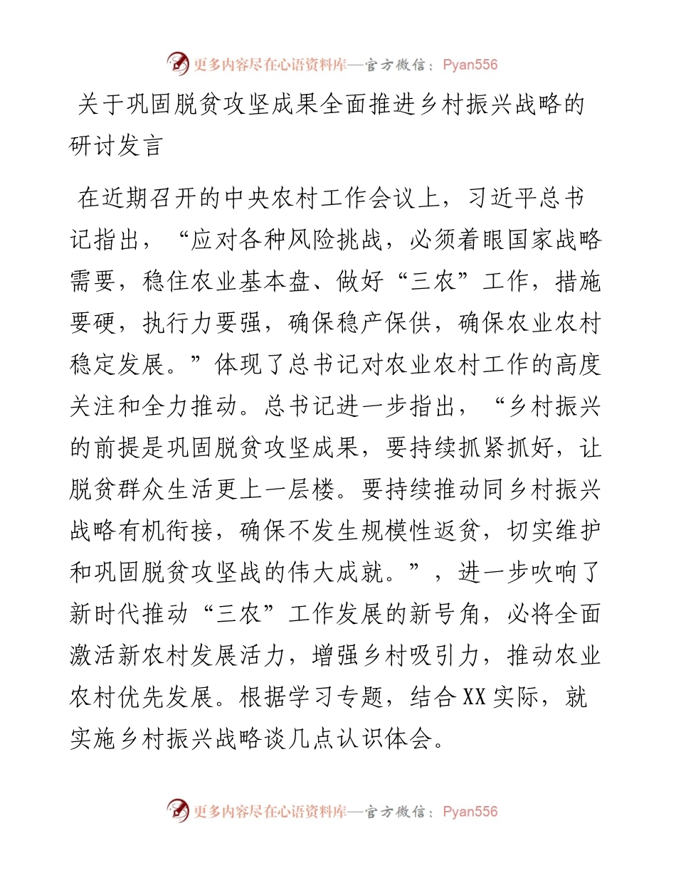 012409：关于巩固脱贫攻坚成果全面推进乡村振兴战略的研讨发言.docx_第1页