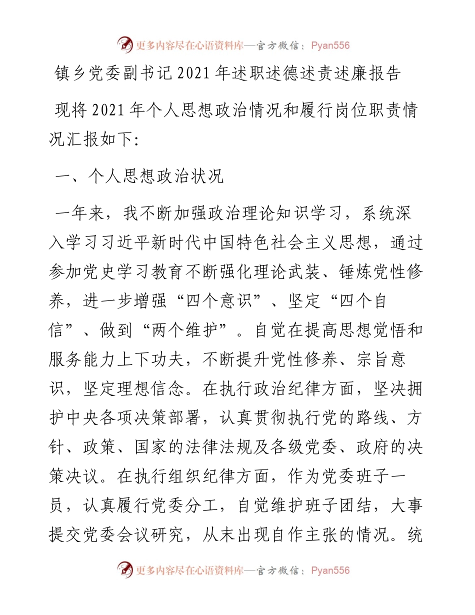 012428：镇乡党委副书记述职述德述责述廉报告.docx_第1页