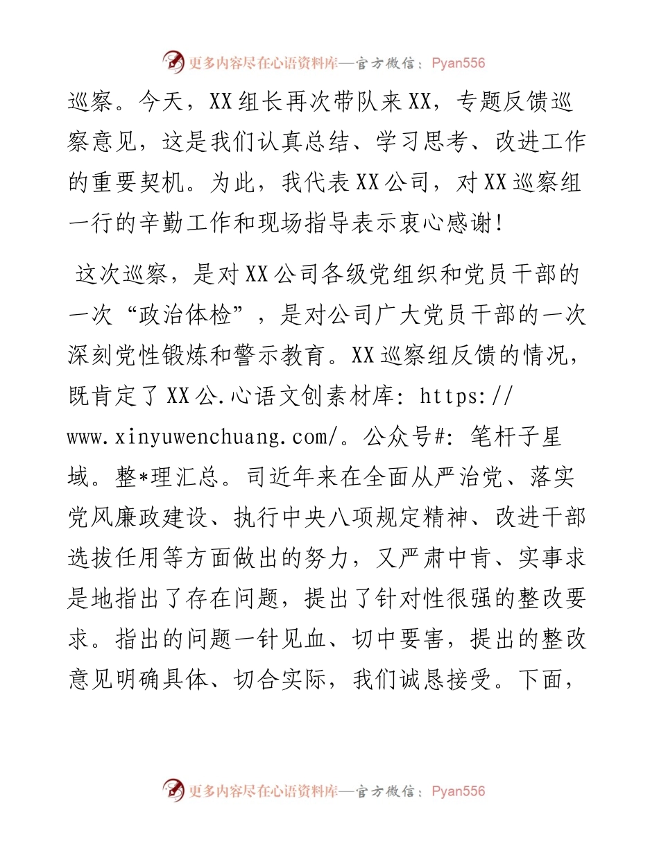 0301XX集团公司党委书记在巡察结果反馈会上的表态发言词（范文）.docx_第2页