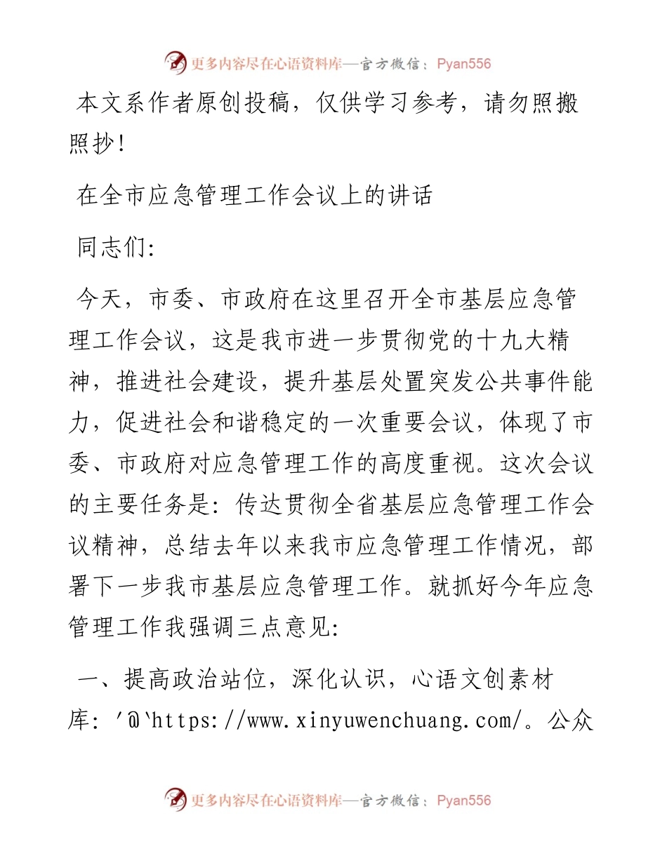 041902-在全市应急管理工作会议上的讲话.docx_第1页