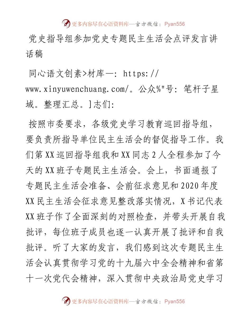 021437：党史指导组参加党史专题民主生活会点评发言讲话稿.docx_第1页