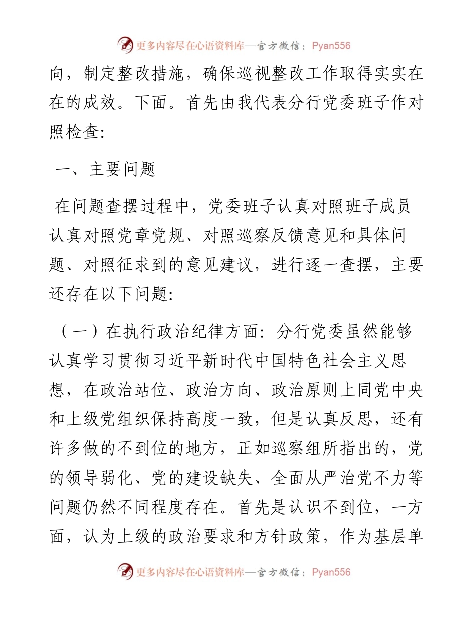 0817银行党委班子巡察整改专题民主生活会对照检查发言提纲.docx_第2页
