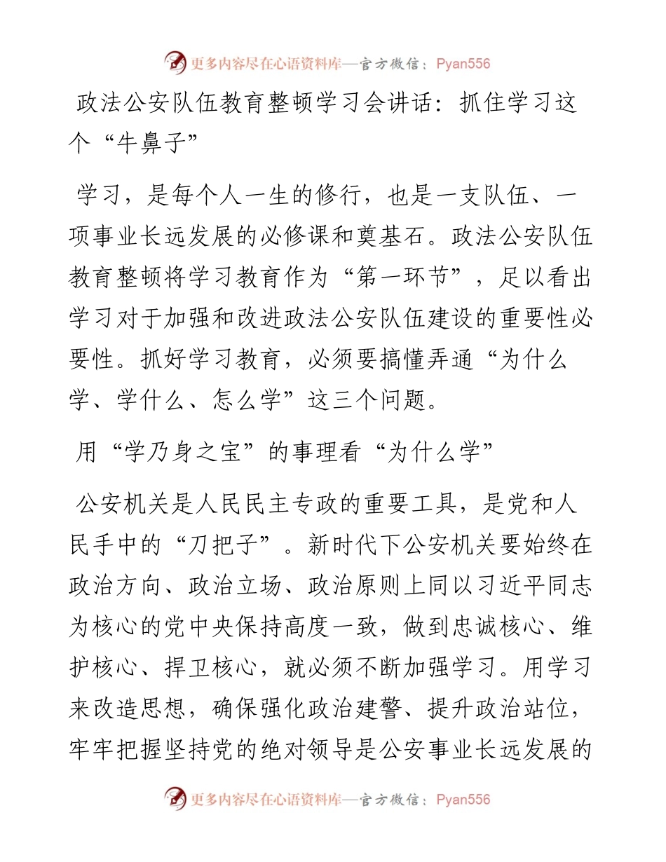 0401政法公安队伍教育整顿学习会讲话：抓住学习这个“牛鼻子”.docx_第1页