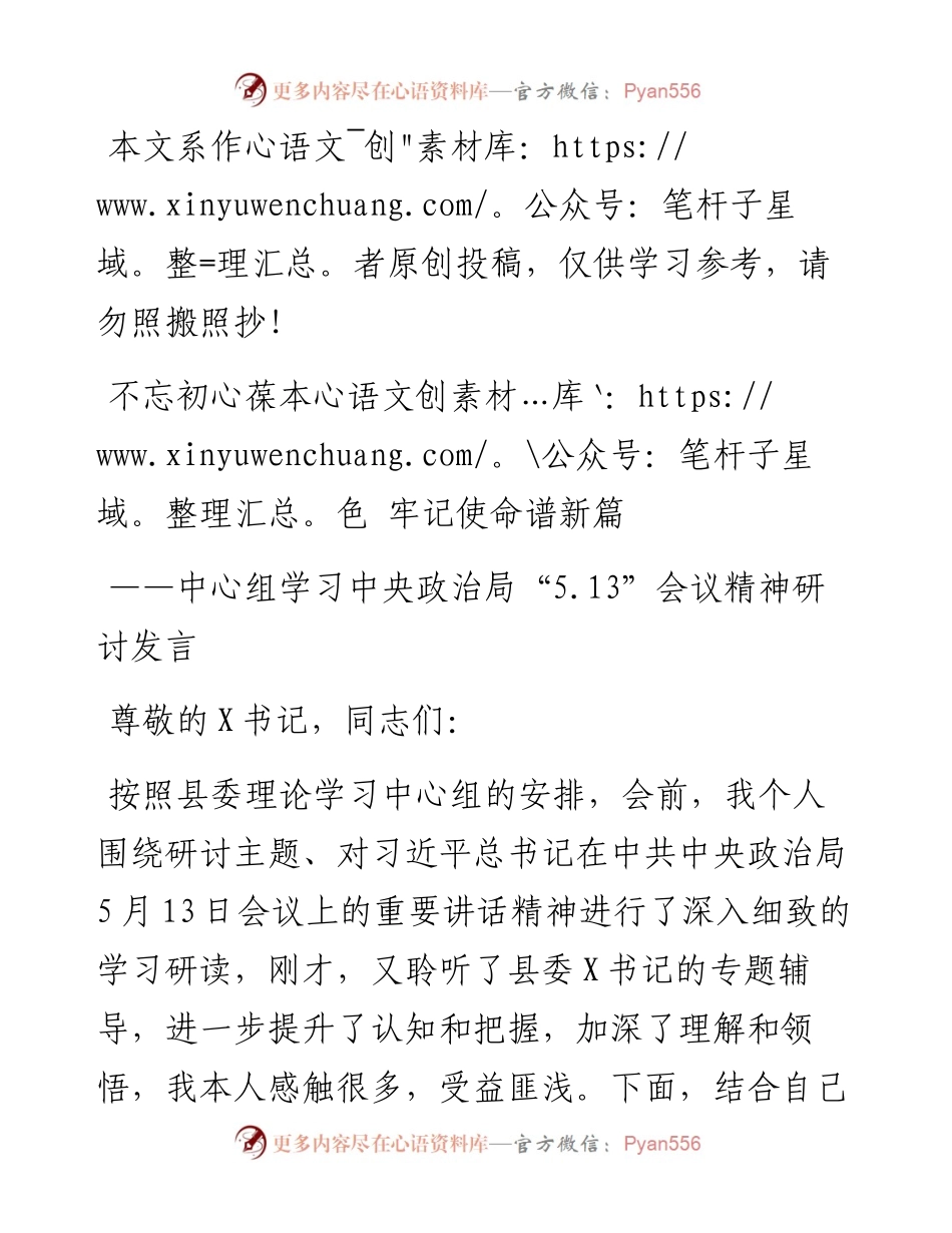 0513中心组学习中央政治局“5.13”会议精神研讨发言：不忘初心葆本色牢记使命谱新篇.docx_第1页