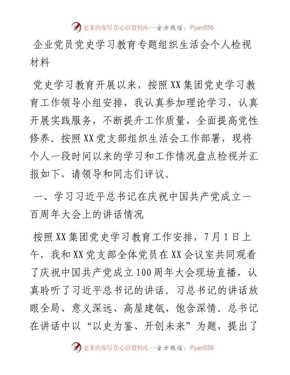 0808企业党员党史学习教育专题组织生活会个人检视材料.docx_第1页