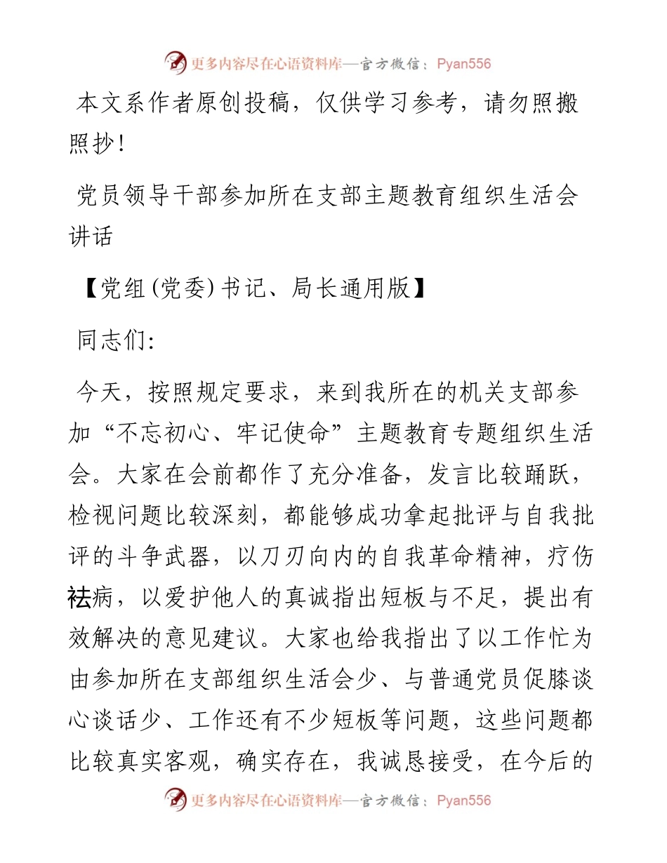 070806党员领导干部参加所在支部主题教育组织生活会讲话.docx_第1页