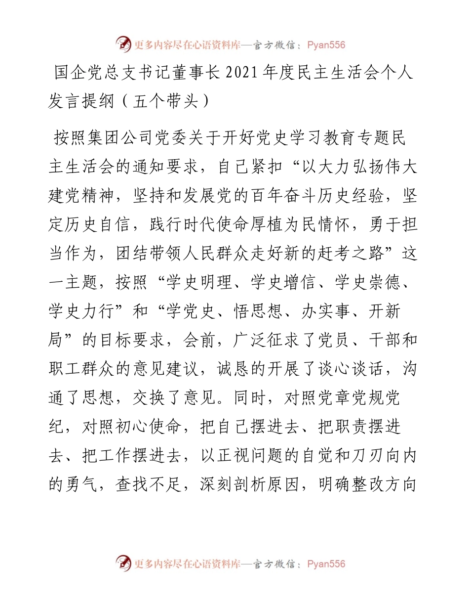 012734：国企党总支书记董事长度民主生活会个人发言提纲（五个带头）.docx_第1页