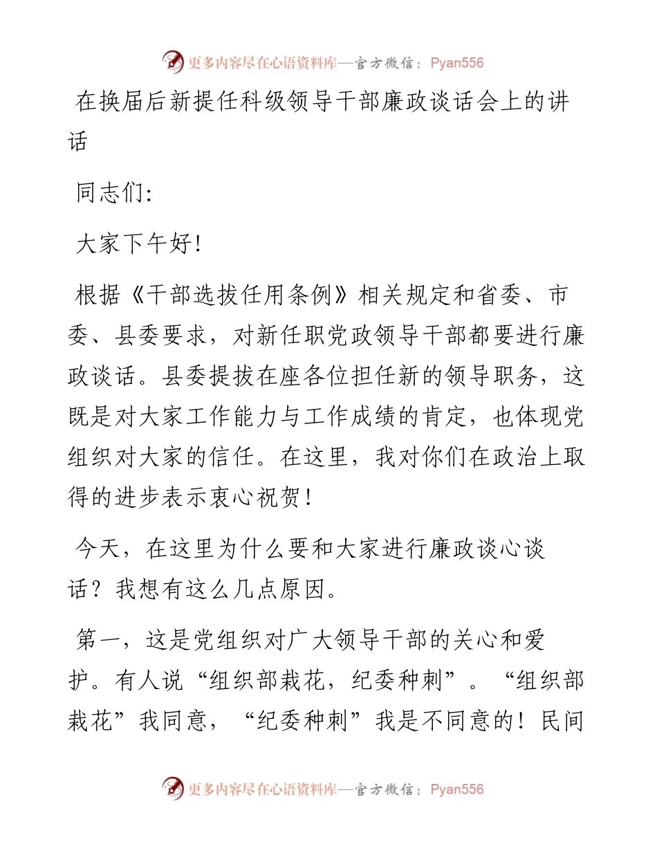 0506在换届后新提任科级领导干部廉政谈话会上的讲话.docx_第1页