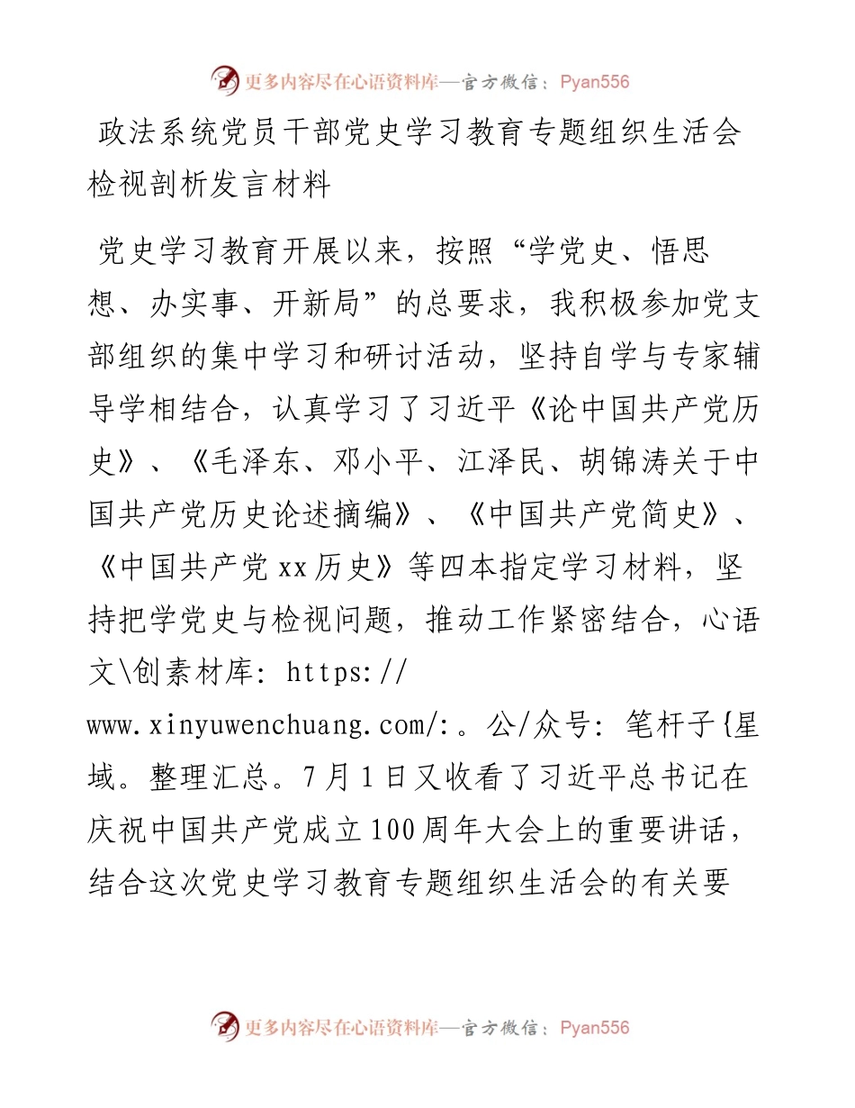 0803政法系统党员干部党史学习教育专题组织生活会检视剖析发言材料.docx_第1页