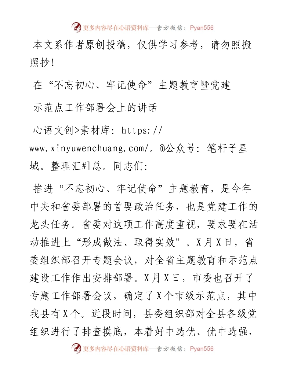 052803在不忘初心牢记使命主题教育暨党建示范点建设会议上的讲话.docx_第1页