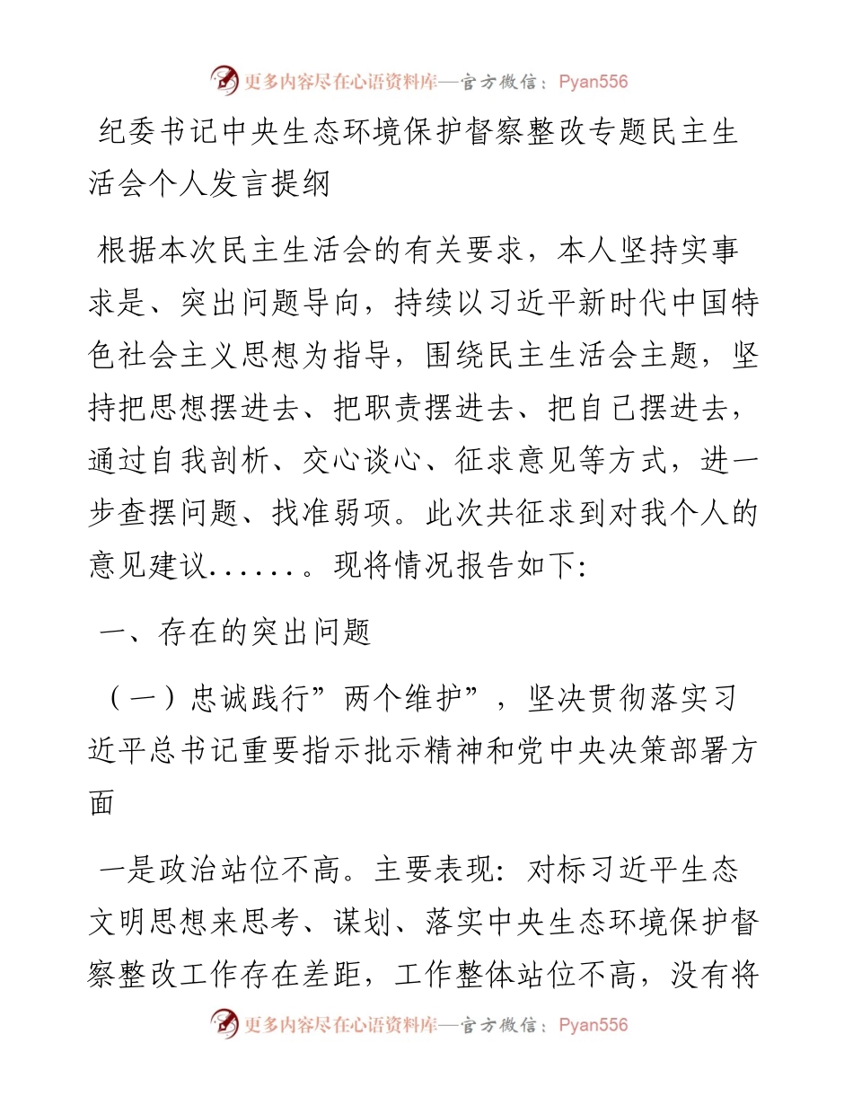 020918：纪委书记中央生态环境保护督察整改专题民主生活会个人发言提纲.docx_第1页