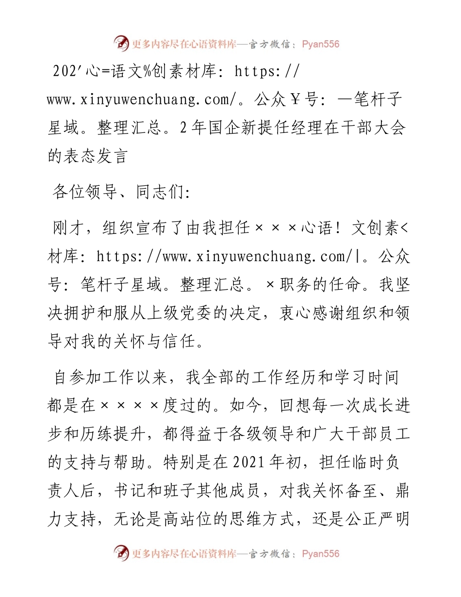 022206：国企新提任经理在干部大会的表态发言.docx_第1页