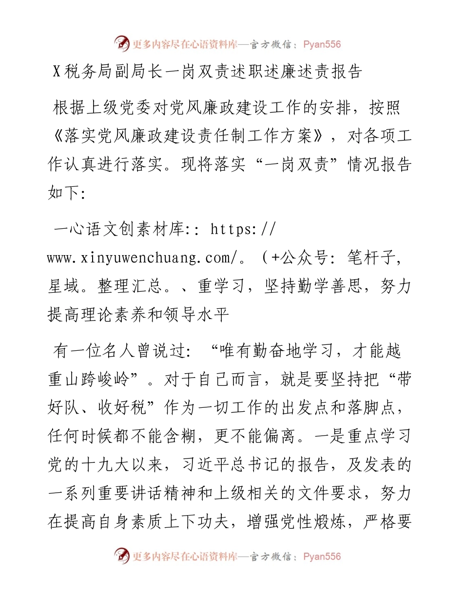 0819X税务局副局长一岗双责述职述廉述责报告.docx_第1页