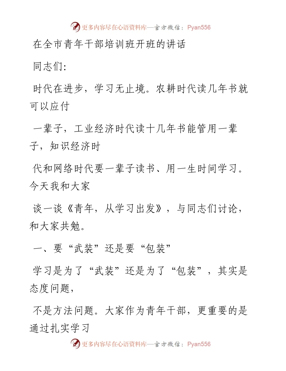 0412笔友分享在全市青年干部培训班开班的讲话.docx_第1页