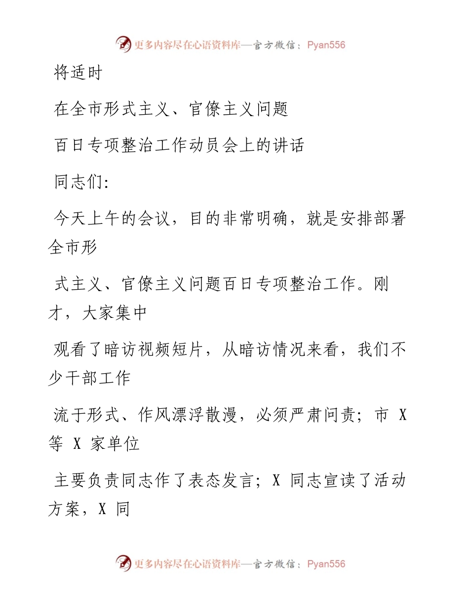 0801笔友分享在全市形式主义官僚主义问题百日专项整治工作会上的讲话.docx_第1页
