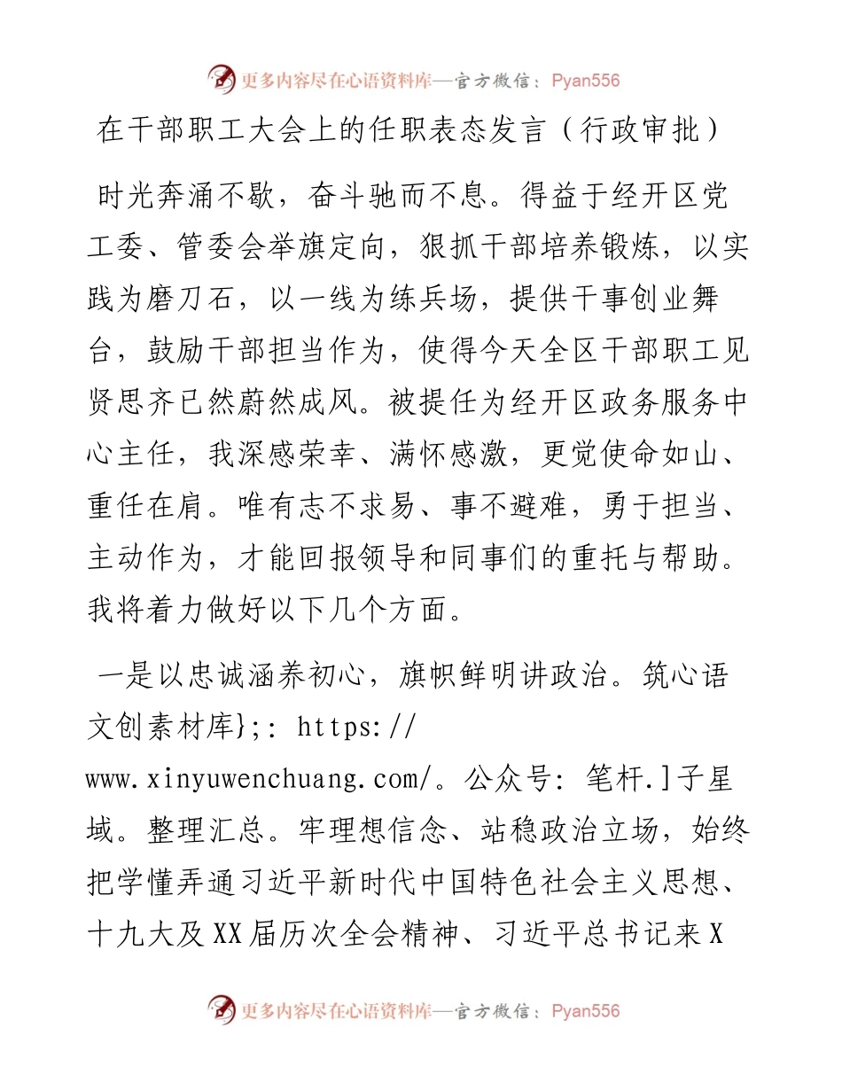 021918：在干部职工大会上的任职表态发言（行政审批）.docx_第1页