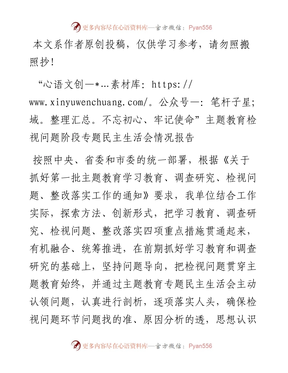 071707不忘初心牢记使命主题教育检视问题阶段专题民主生活会情况报告.docx_第1页