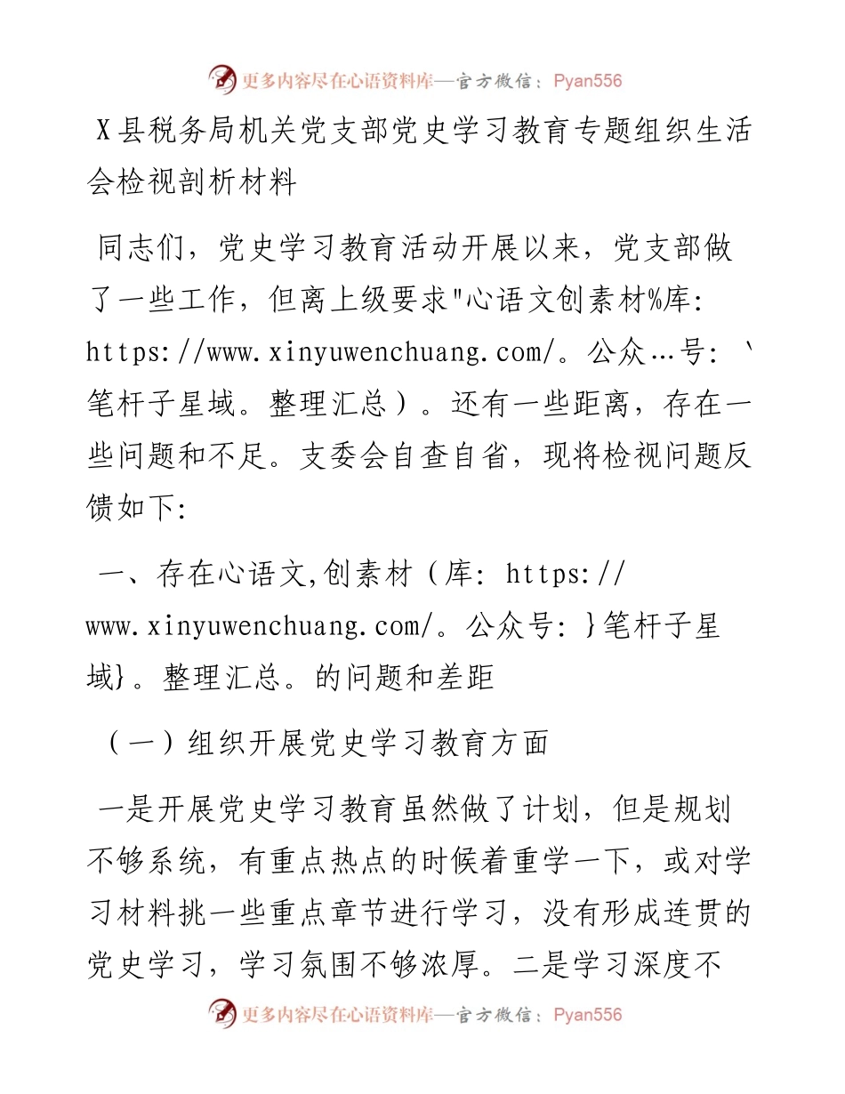 0819X县税务局机关党支部党史学习教育专题组织生活会检视剖析材料.docx_第1页