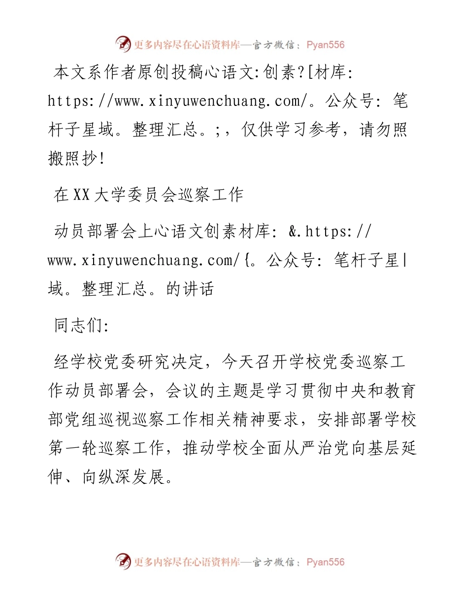 0331在XX大学巡察工作动员部署会上的讲话（范文）.docx_第1页