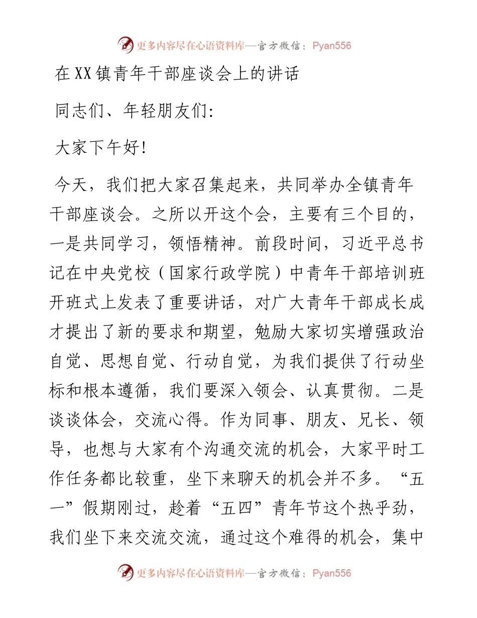0513在XX镇青年干部座谈会上的讲话.docx_第1页