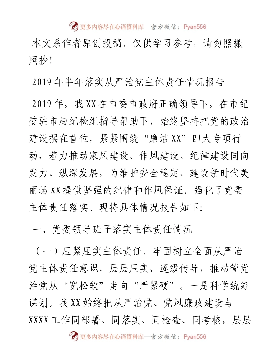 070105-上半年落实从严治党主体责任情况报告市局.docx_第1页