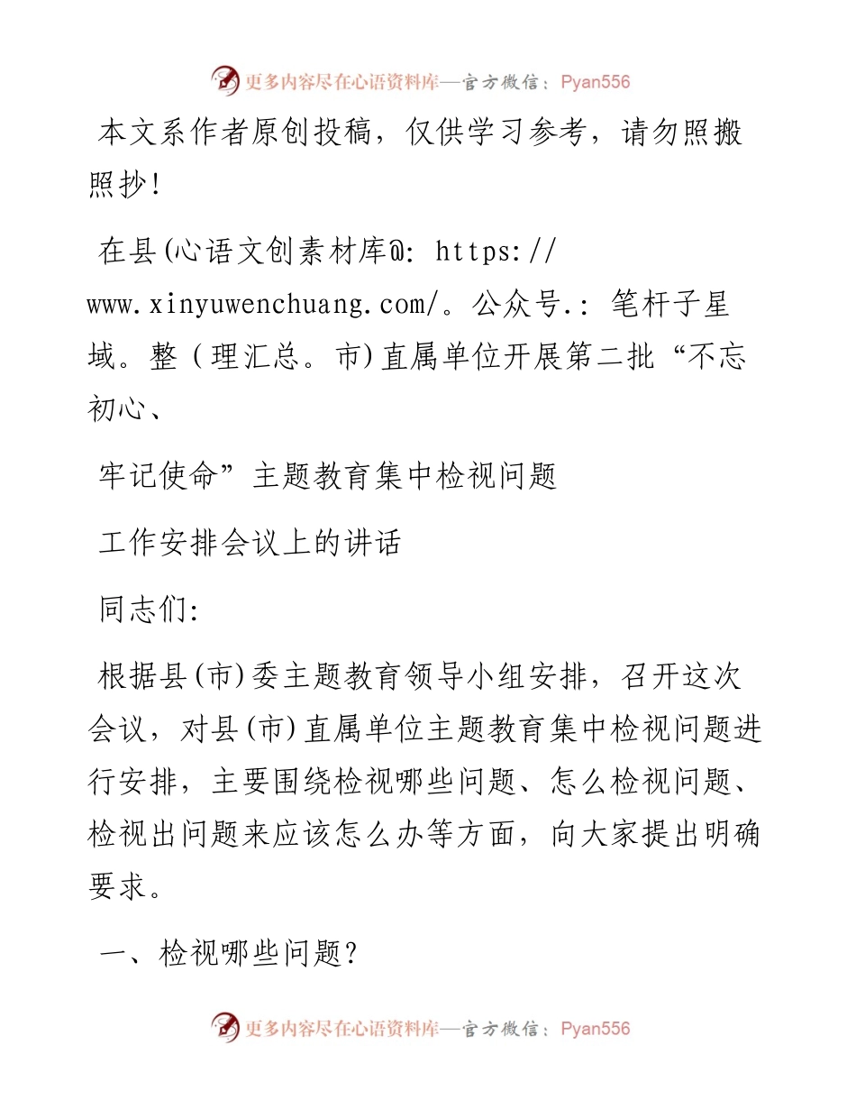 100705开展第二批不忘初心牢记使命主题教育集中检视问题工作安排会议上的讲话.docx_第1页