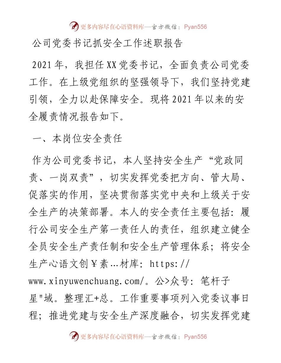 020109：公司党委书记抓安全工作述职报告.docx_第1页