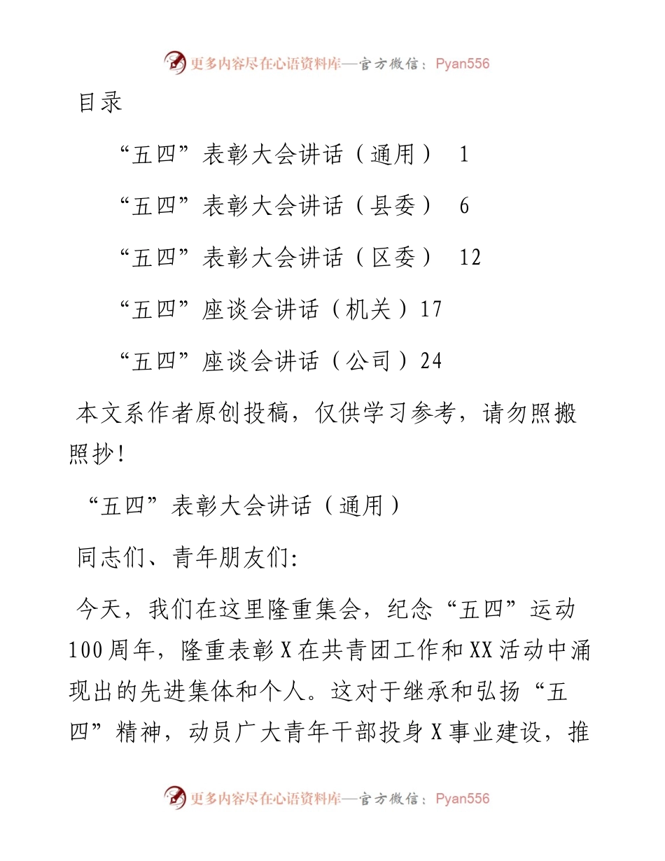 040906-五四表彰会座谈会讲话5篇.docx_第1页