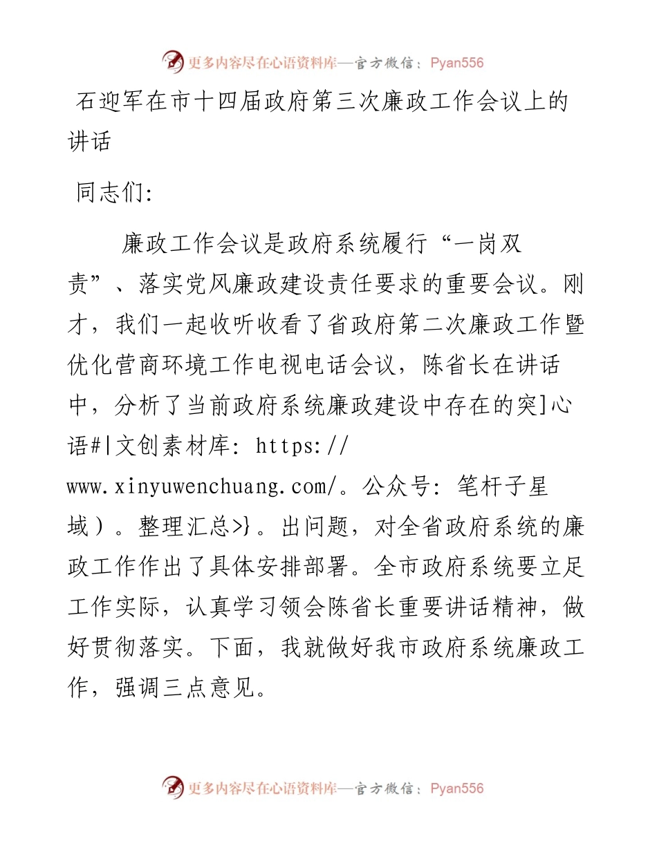-05-13石迎军在市十四届政府第三次廉政工作会议上的讲话.docx_第1页