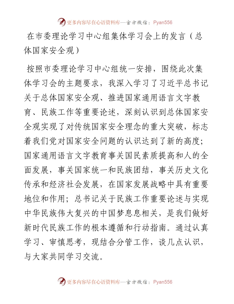 020103：在市委理论学习中心组集体学习会上的发言（总体国家安全观）.docx_第1页