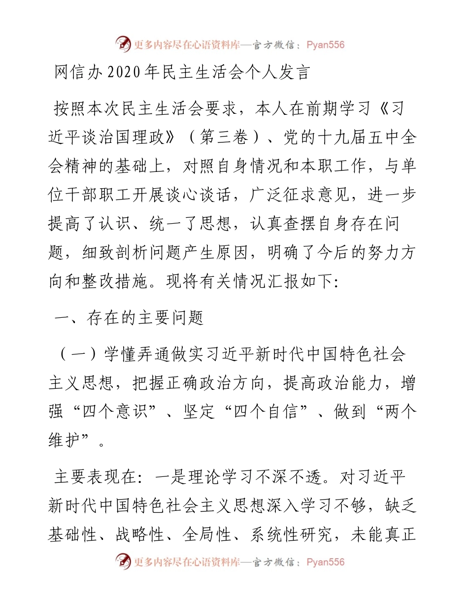 0207网信办民主生活会个人发言.docx_第1页