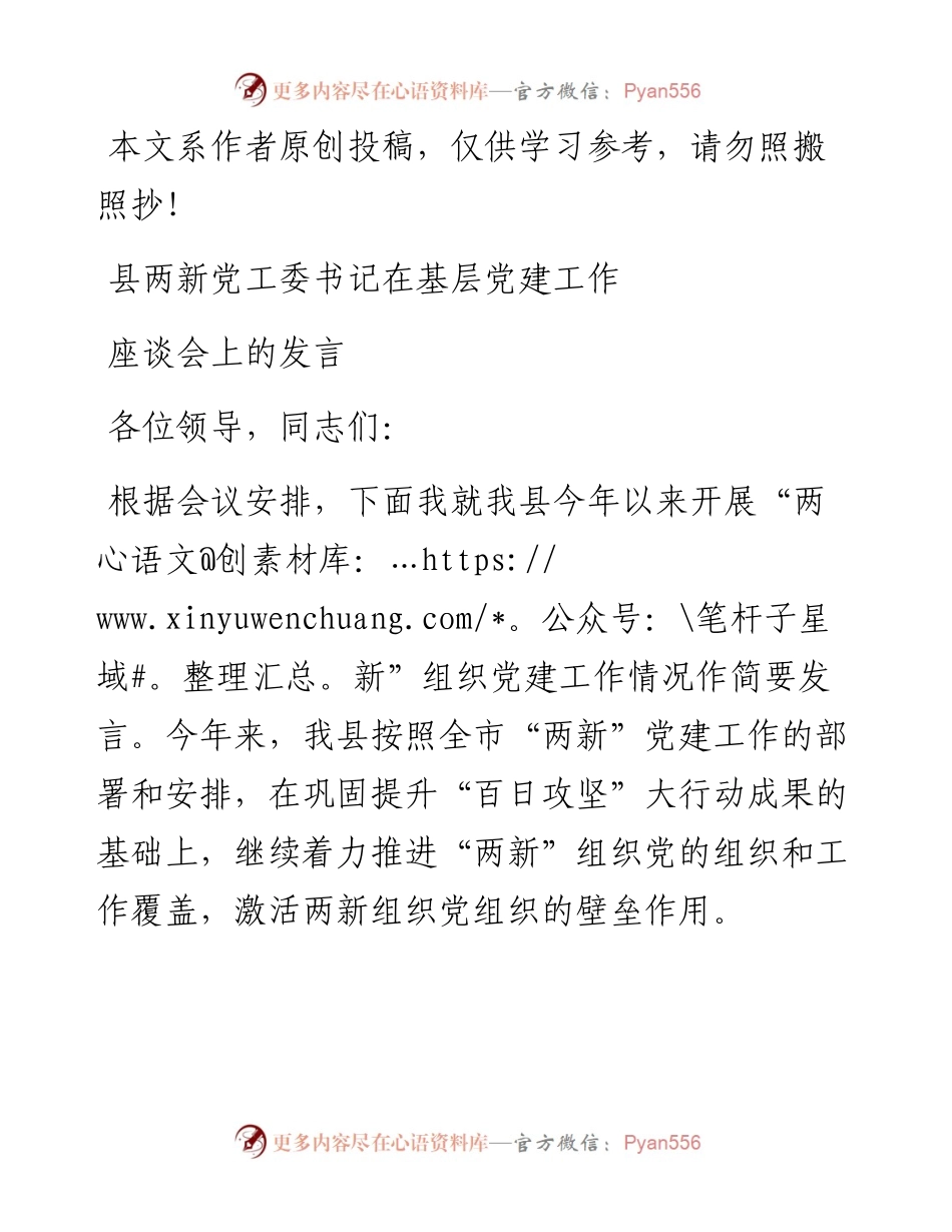040203县两新党工委书记在基层党建工作座谈会上的发言.docx_第1页