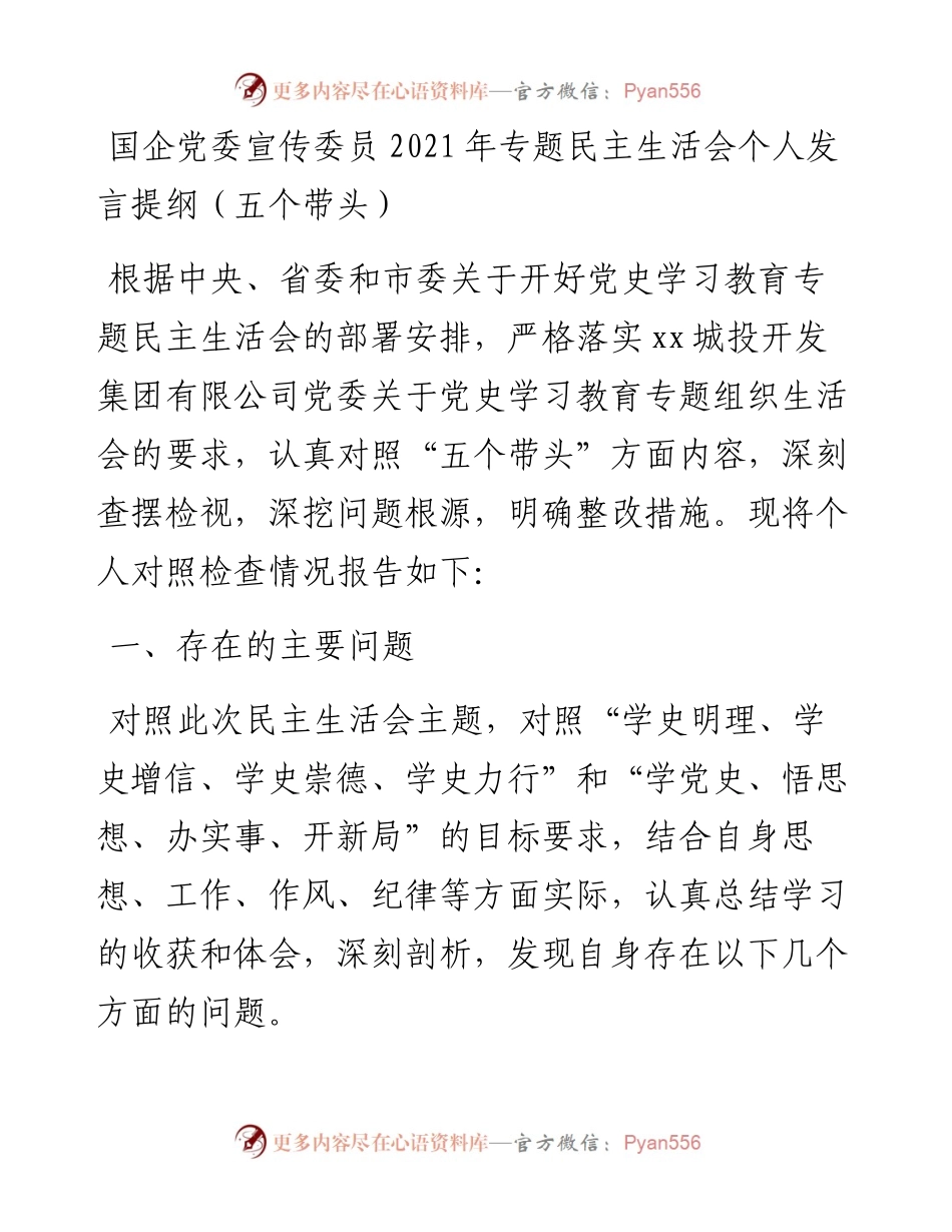 020916：国企党委宣传委员专题民主生活会个人发言提纲（五个带头）.docx_第1页