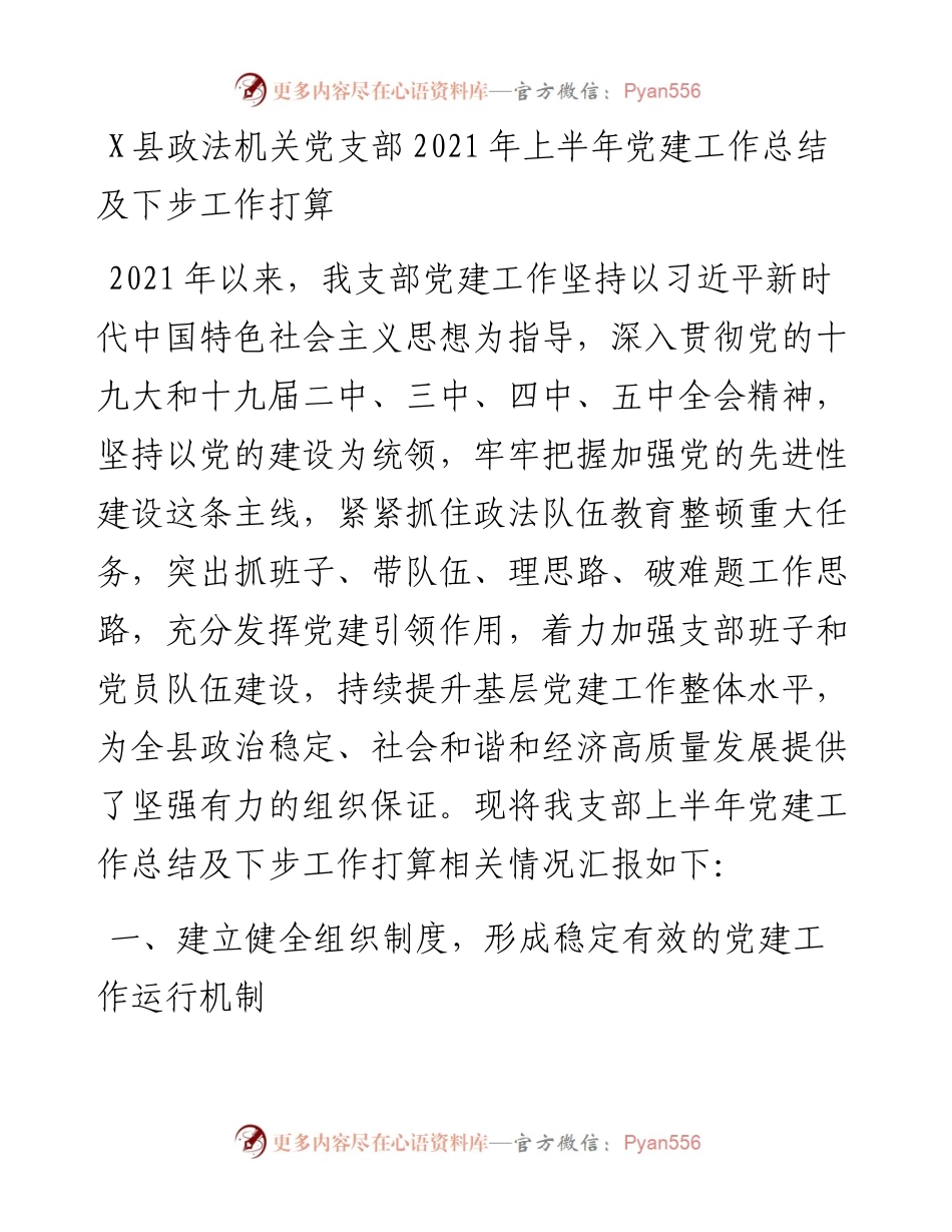 0801X县政法机关党支部上半年党建工作总结及下步工作打算.docx_第1页