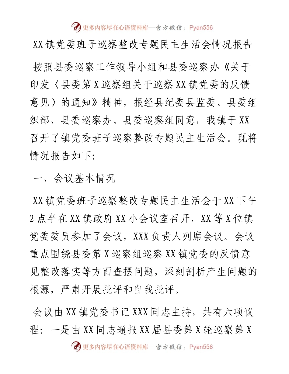 022158：XX镇党委班子巡察整改专题民主生活会情况报告.docx_第1页