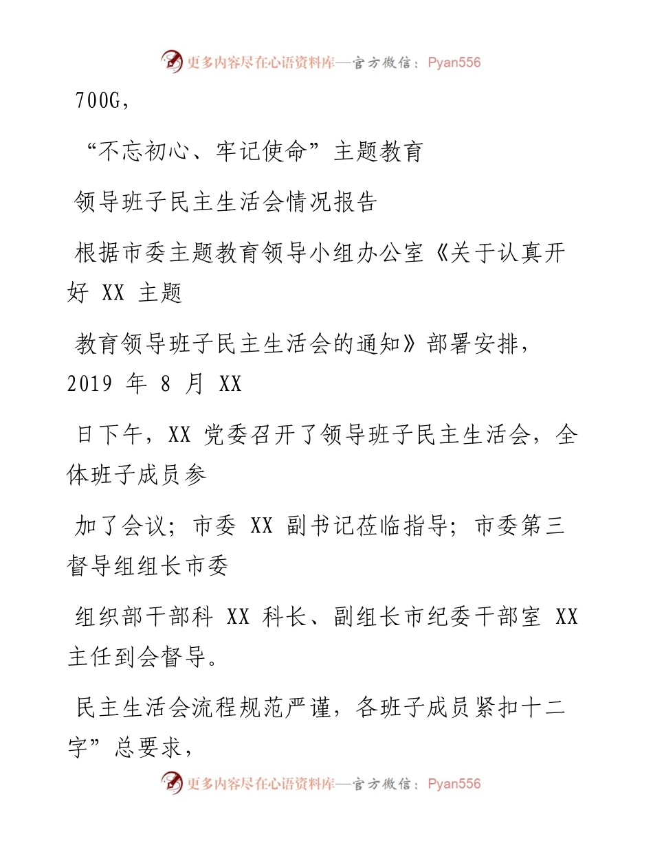 0907笔友分享不忘初心牢记使命主题教育领导班子民主生活会情况报告.docx_第1页