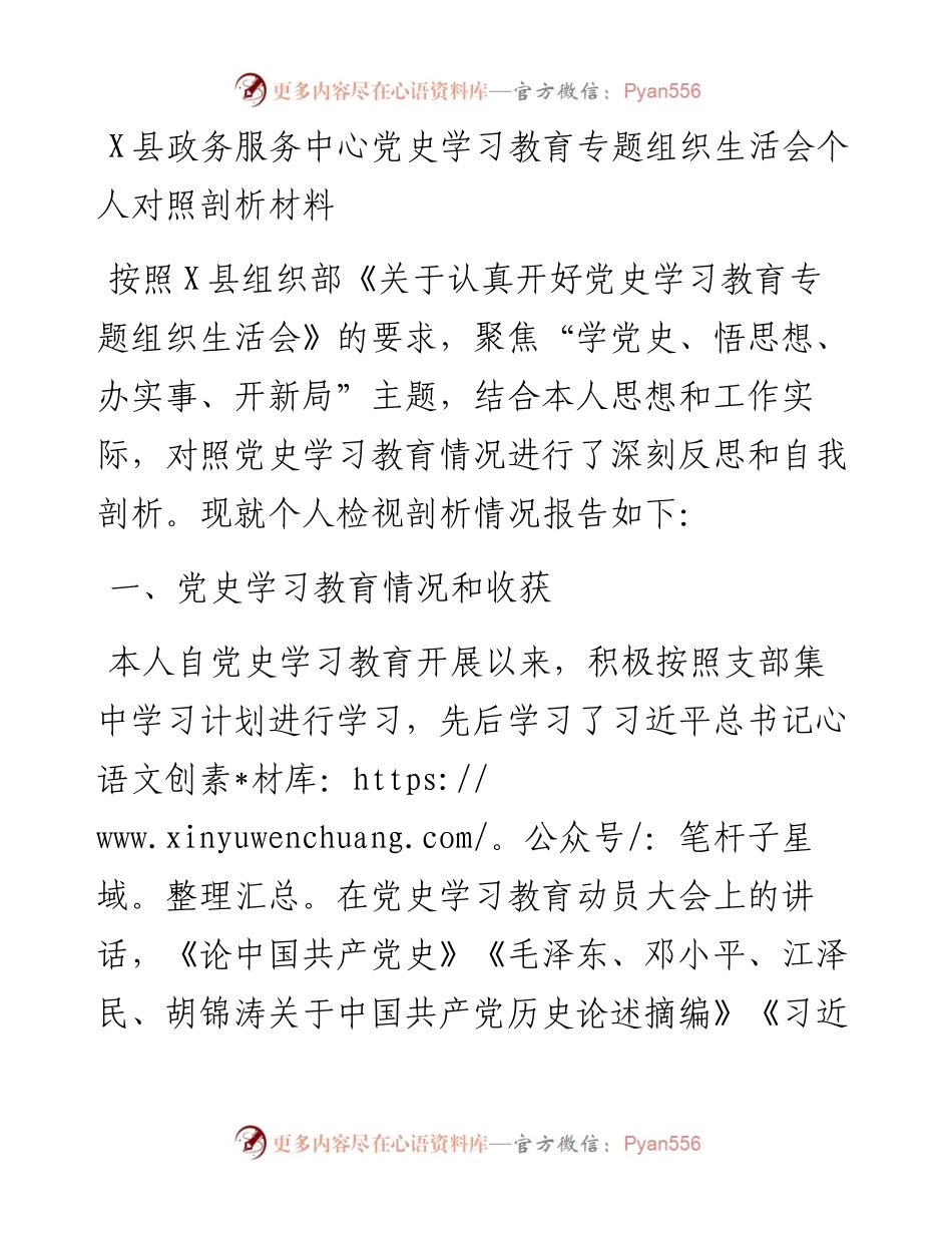 0819X县政务服务中心党史学习教育专题组织生活会个人对照剖析材料.docx_第1页