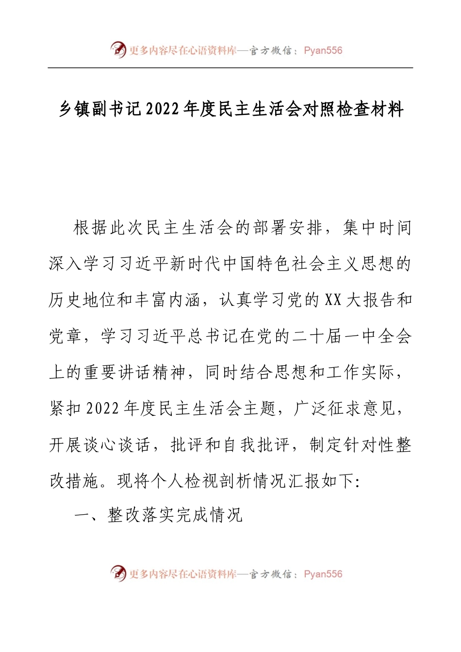 乡镇副书记2022年度民主生活会对照检查材料.docx_第1页