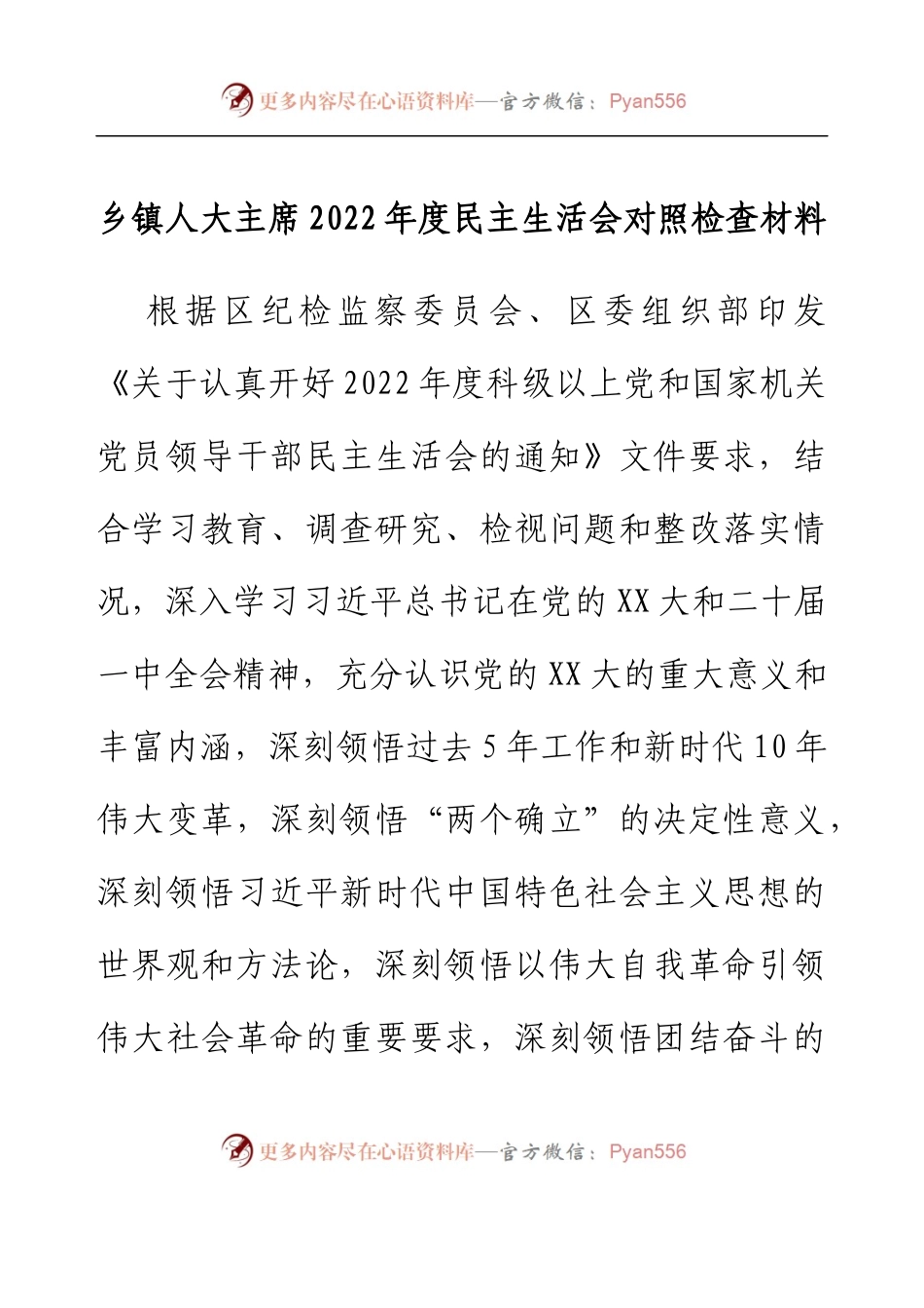 乡镇人大主席2022年度民主生活会对照检查材料.docx_第1页