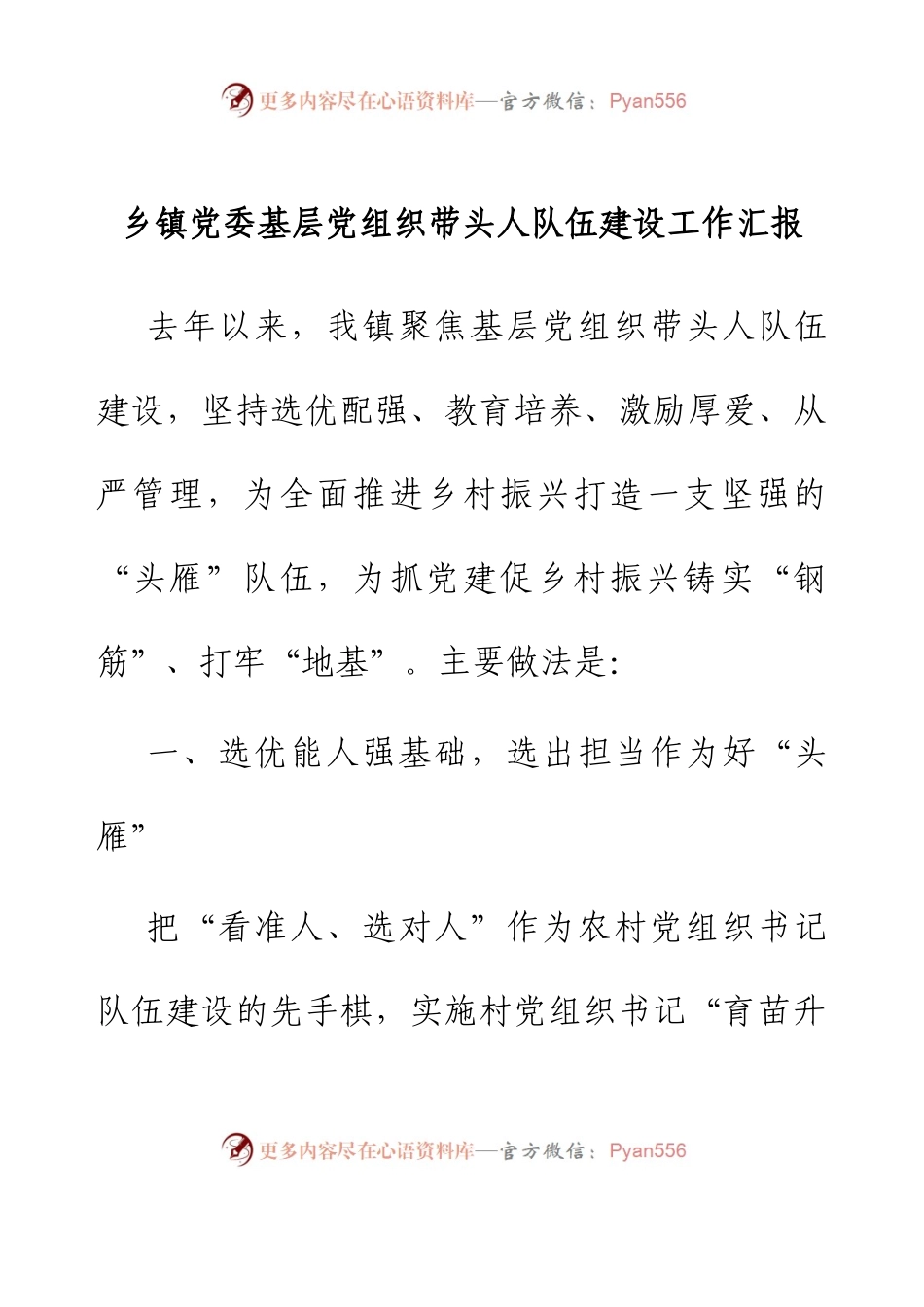 乡镇党委基层党组织带头人队伍建设工作汇报.docx_第1页