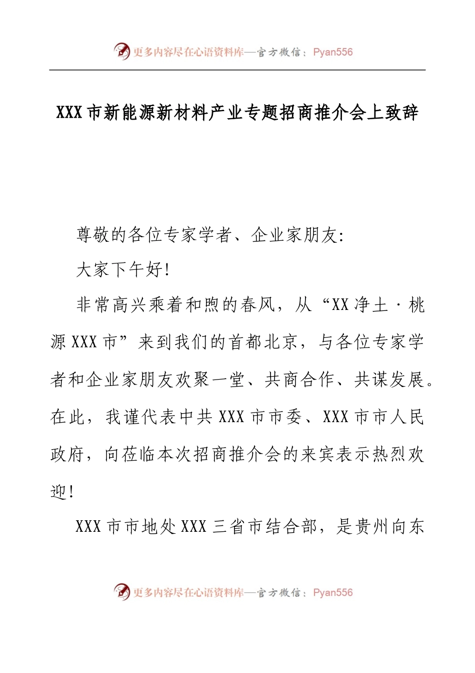 XXX市新能源新材料产业专题招商推介会上致辞.docx_第1页