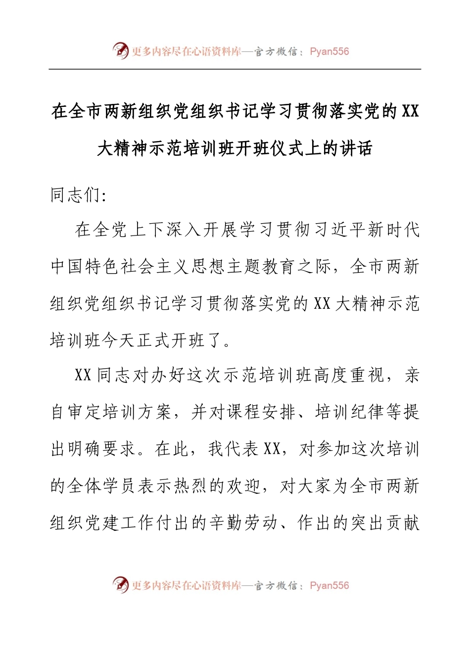 两新组织党组织书记学习贯彻落实党的二十大精神示范培训班开班仪式上的讲话（两新组织工作可用）.docx_第1页
