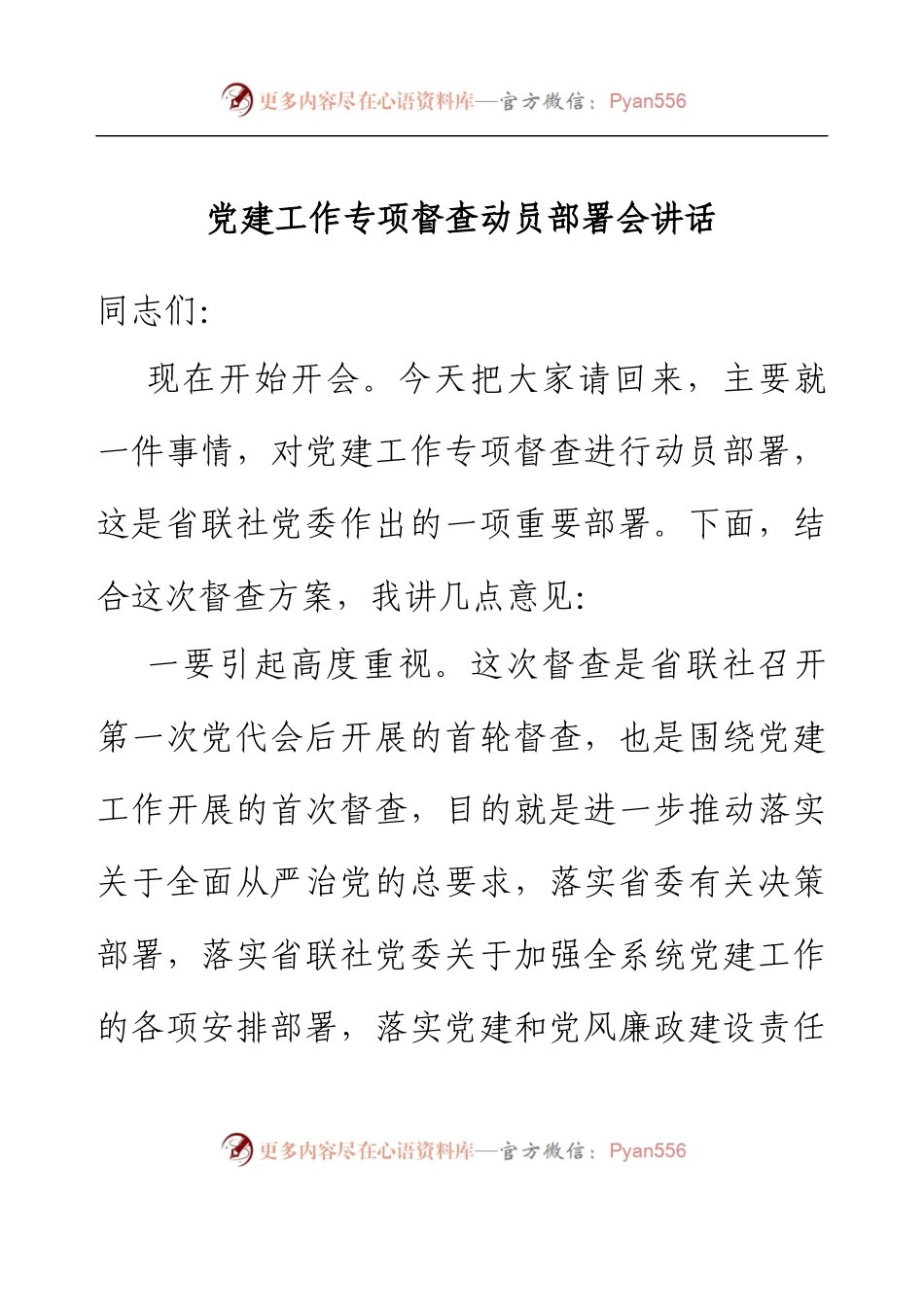 党建工作专项督查动员部署会讲话.docx_第1页