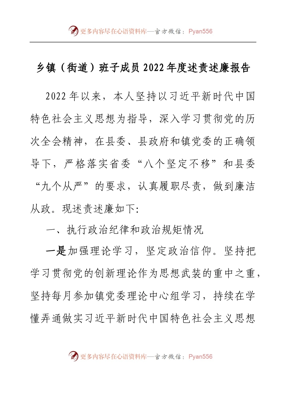 乡镇（街道）班子成员2022年度述责述廉报告.docx_第1页