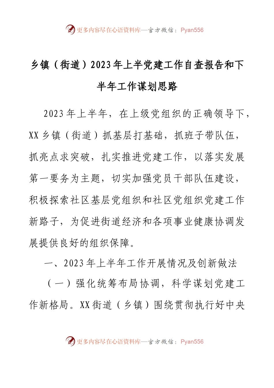 乡镇（街道）2023年上半党建工作自查报告和下半年工作谋划思路.docx_第1页