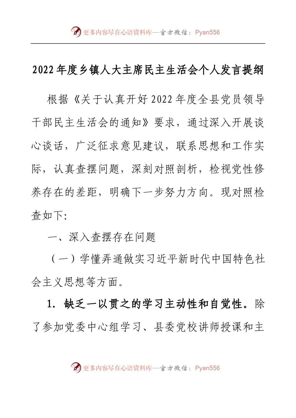 2022年度乡镇人大主席民主生活会个人发言提纲.docx_第1页